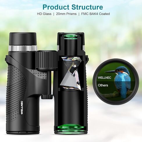 مناظير للبالغين لصيد الطيور - مناظير WELLNEC 12x42 HD 367/1000yds عالية الطاقة مع مناظير BaK4 Prisms Pro Birding Birding للصيد، ومحول الهاتف، وحامل ثلاثي القوائم in Kuwait