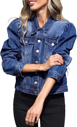 LifeShe Women’s Cropped Denim Jacket Puff Sleeve Button Down Jean Coat Vintage Short Denim Outerwear Casual Streetwear in Saudi Arabia