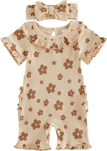 Newborn Baby Girls Summer Clothes Floral Ruffle Sleeve Jumpsuit Romper Bodysuit Shorts Coming Home Hospital Outfit in Kuwait