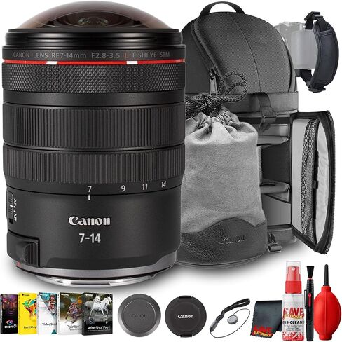 كاميرات Canon RF 7-14 مم f/2.8-3.5 L Fisheye STM ذات زاوية واسعة للغاية وكاميرات بدون مرآة بإطار كامل (7343C002) + حقيبة ظهر + برنامج صور + مجموعة تنظيف + المزيد (حزمة من 10 قطع) in Kuwait