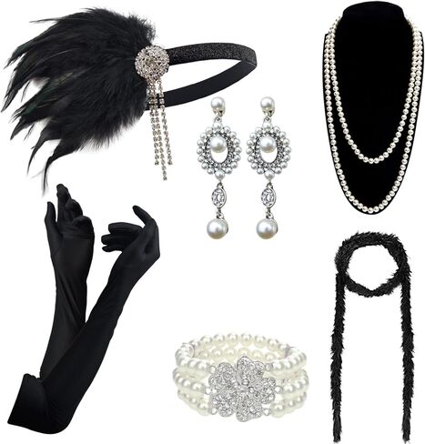 DRESHOW 1920s Accessories Sets Costume Gatsby Feather Headband Earrings Gloves in Saudi Arabia