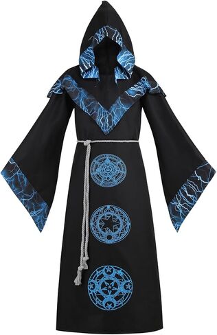 Mens Dark Wizard Costume Mystic Sorcerer Robe Hallowee Medieval Dark Devil Wizard Hooded Cape Halloween Costume in Kuwait