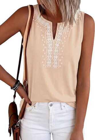 PRETTYGARDEN Womens Tank Tops 2026 Summer Causal V Neck Sleeveless Shirts Floral Print Embroidered Beach Vacation Boho Top in Saudi Arabia