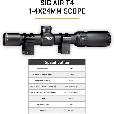 SIG SAUER AIR T4 1-4x24mm أنبوب ألومنيوم 1 بوصة متين قابل للتعديل يهدف إلى نطاق مسدس الهواء Airsoft، شبكاني Mil-Dot، حلقات نطاق Picatinny متضمنة in Kuwait
