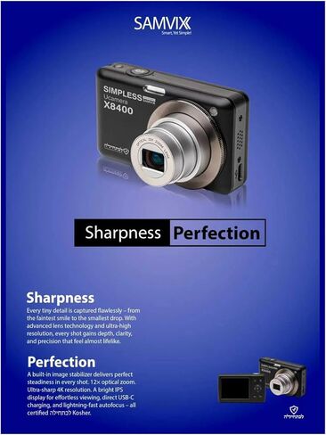 كاميرا Samvix Kosher الرقمية مع تكبير بصري 12x UCamera X8400 4K Ultra HD Video 48MP CMOS مستشعر التركيز التلقائي وتثبيت الصورة وفتحة Micro SD (أسود) in Kuwait