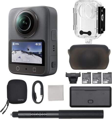 مجموعة مغامرات الكاميرا غير المرئية DJI Osmo 360، عمر بطارية ممتد مع 3 بطاريات، مجموعة عصا سيلفي غير مرئية 1.2 متر، فيديو أصلي 360 درجة، تخزين مدمج 105 جيجابايت، تسجيل 100 دقيقة بدقة 8K in Kuwait