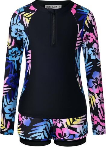 GRACE KARIN ملابس سباحة للفتيات من Rash Guard قطعتين بدلة استحمام بأكمام طويلة بعامل حماية من الأشعة فوق البنفسجية 50+ ملابس سباحة صيفية مقاس 6-12 سنة in Saudi Arabia