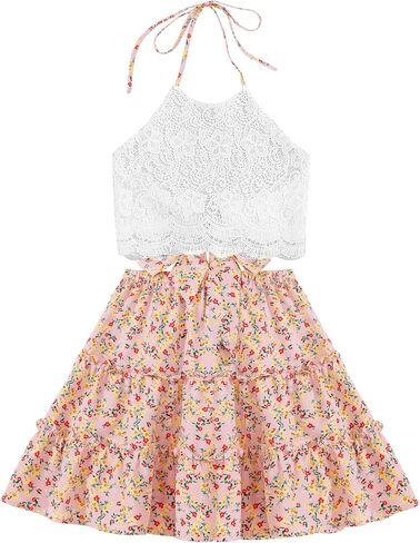 LYANER Women's 2 Piece Outfits Summer Lace Halter Cami Crop Top with Floral Mini Skirt Set in Kuwait
