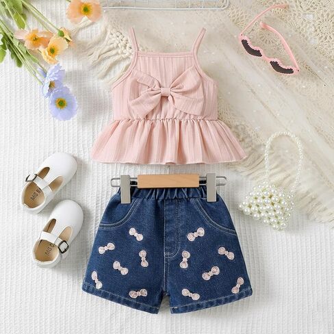 Baby Girl Summer Outfit Pink Cami Top Denim Shorts Set Bow Print Jeans 2Pcs Infant Clothes in Saudi Arabia