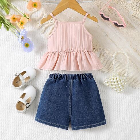Baby Girl Summer Outfit Pink Cami Top Denim Shorts Set Bow Print Jeans 2Pcs Infant Clothes in Saudi Arabia