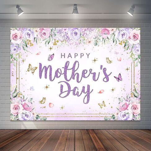 Purple Floral Mothers Day Backdrop Gold Butterfly Happy Mother's Day Party Decorations Puple Flowers Mom's Day Photography Background Cake Table Banner (7x5ft) in Saudi Arabia