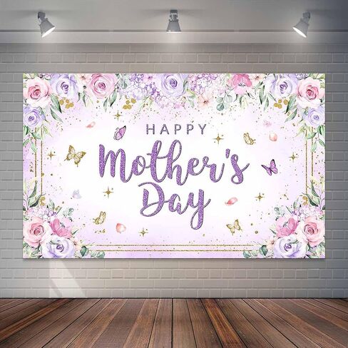Purple Floral Mothers Day Backdrop Gold Butterfly Happy Mother's Day Party Decorations Puple Flowers Mom's Day Photography Background Cake Table Banner (7x5ft) in Saudi Arabia