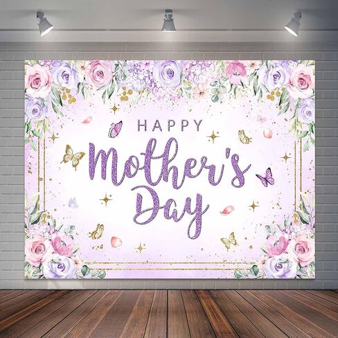 Purple Floral Mothers Day Backdrop Gold Butterfly Happy Mother's Day Party Decorations Puple Flowers Mom's Day Photography Background Cake Table Banner (7x5ft) in Saudi Arabia