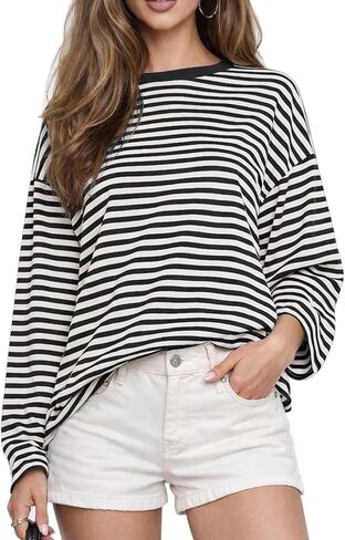 CHYRII Women Oversized Striped Long Sleeve T Shirt Fashion 2026 Crewneck Casual Fall Spring Tops Y2K Clothes in Saudi Arabia