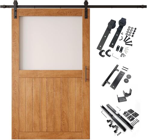 Early American 42x80 Half Lite Frosted Glass Design Finished Unassembled Solid Wood Sliding Barn Door Only with 7.5ft Long Single Door Non-Bypass Hardware Kit (Interior Use Only) in Saudi Arabia