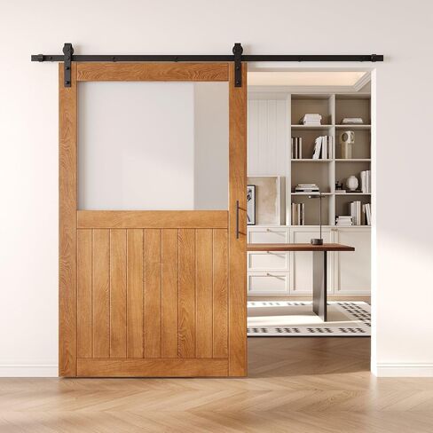 Early American 42x80 Half Lite Frosted Glass Design Finished Unassembled Solid Wood Sliding Barn Door Only with 7.5ft Long Single Door Non-Bypass Hardware Kit (Interior Use Only) in Saudi Arabia