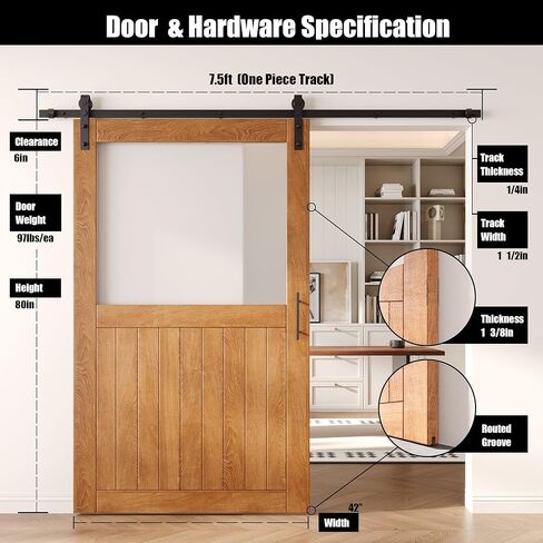 Early American 42x80 Half Lite Frosted Glass Design Finished Unassembled Solid Wood Sliding Barn Door Only with 7.5ft Long Single Door Non-Bypass Hardware Kit (Interior Use Only) in Saudi Arabia