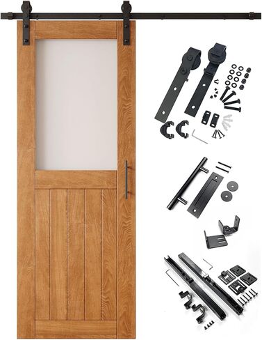 Early American 42x80 Half Lite Frosted Glass Design Finished Unassembled Solid Wood Sliding Barn Door Only with 7.5ft Long Single Door Non-Bypass Hardware Kit (Interior Use Only) in Saudi Arabia