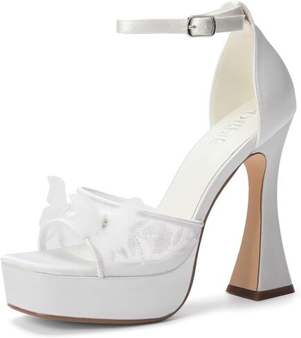 Platform Heels Wedding Shoes for Bride Open Toe Wedding Heeled Sandals Lace Bridal Shoes in Kuwait