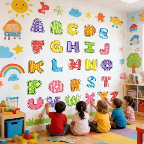 ملصقات جدارية للحروف الأبجدية ABC، ملصقات جدارية بأحرف كبيرة قابلة للإزالة، ملصق تعليمي تعليمي قابل للإزالة لغرفة النوم وغرفة اللعب وغرفة الأطفال وديكور الحضانة in Kuwait