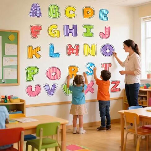 ملصقات جدارية للحروف الأبجدية ABC، ملصقات جدارية بأحرف كبيرة قابلة للإزالة، ملصق تعليمي تعليمي قابل للإزالة لغرفة النوم وغرفة اللعب وغرفة الأطفال وديكور الحضانة in Kuwait