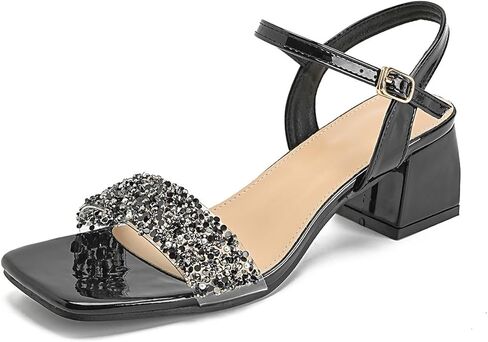 kkdom Women's Open Toe Ankle Strap Fashion Glitter Rhinestone Sandals Low Block Chunky Heels Pumps Wedding Party Dress Shoes in Saudi Arabia