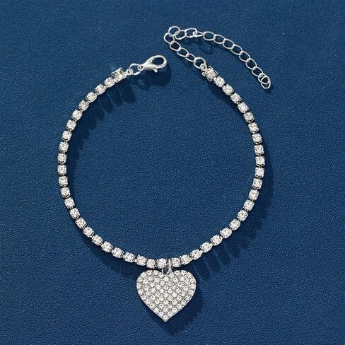 MIFYNN Heart Ankle Bracelets for Women Girls Rhinestone Tennis Chain Love Heart Ankle Silver Foot Chain Crystal Anklet Beach Jewelry Adjustable 21+6cm in Saudi Arabia