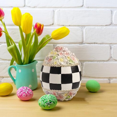 Black White Checkered Easter Egg Bunny Figurines, Resin Cute Buffalo Plaid Decorative Egg Rabbit Statue Table Centerpiece Home Decorations Indoor, Spring Tabletop Mantel Shelf Office Decor in Saudi Arabia