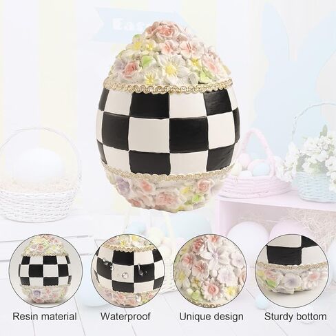 Black White Checkered Easter Egg Bunny Figurines, Resin Cute Buffalo Plaid Decorative Egg Rabbit Statue Table Centerpiece Home Decorations Indoor, Spring Tabletop Mantel Shelf Office Decor in Saudi Arabia