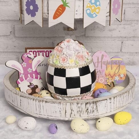 Black White Checkered Easter Egg Bunny Figurines, Resin Cute Buffalo Plaid Decorative Egg Rabbit Statue Table Centerpiece Home Decorations Indoor, Spring Tabletop Mantel Shelf Office Decor in Saudi Arabia