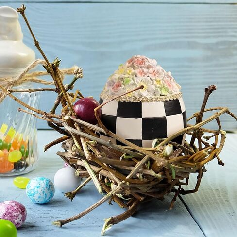 Black White Checkered Easter Egg Bunny Figurines, Resin Cute Buffalo Plaid Decorative Egg Rabbit Statue Table Centerpiece Home Decorations Indoor, Spring Tabletop Mantel Shelf Office Decor in Saudi Arabia