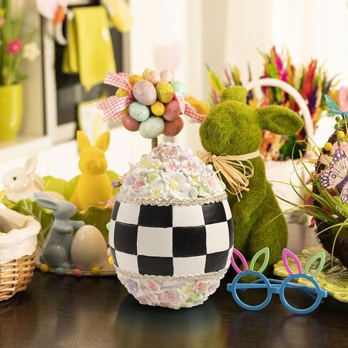 Black White Checkered Easter Egg Bunny Figurines, Resin Cute Buffalo Plaid Decorative Egg Rabbit Statue Table Centerpiece Home Decorations Indoor, Spring Tabletop Mantel Shelf Office Decor in Saudi Arabia