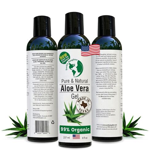 Earth's Daughter Organic Aloe Vera Gel from 100% Pure and Natural Cold Pressed Aloe - Great for Face - Hair- Sunburn - Bug Bites - 8 oz Soothes and Hydrates Skin, Non Greasy, Absorbs Quickly into Your Skin in Kuwait