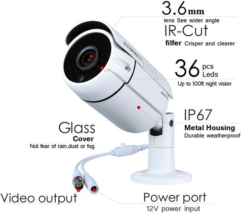 كاميرا EVERSECU 1080P 2.0MP سلكية محورية AHD/TVI/CVI/960H رصاصة تناظرية، كاميرا مراقبة CCTV عالية الدقة 2 ميجابكسل مقاومة للطقس للمراقبة الخارجية، عدسة 3.6 مم، معدن، أبيض in Kuwait