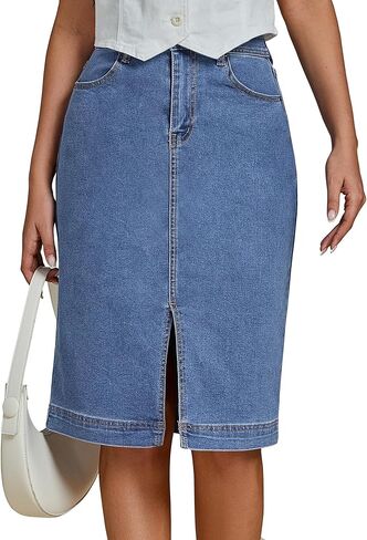 luvamia Jean Skirts for Women Denim Trendy Summer Casual Stretchy High Waisted Midi Below Knee Pencil Skirt with Slit in Saudi Arabia