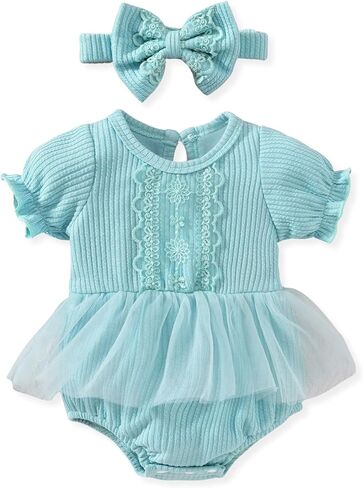 Preemie-18 Months Baby Girl Tutu Romper Infant Tulle Lace Dresses Ribbed Clothes Summer Puff Sleeves Outfits in Saudi Arabia