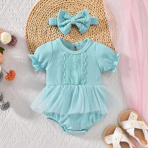 Preemie-18 Months Baby Girl Tutu Romper Infant Tulle Lace Dresses Ribbed Clothes Summer Puff Sleeves Outfits in Saudi Arabia