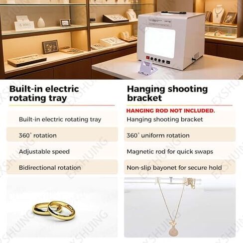 Dimmable LED Jewelry Photography Light Box with 360° Rotating Turntable, 3000-5500K, CRI>92%, 1kg Load Capacity, Includes Hanging Bracket for Stunning Product Photos in Saudi Arabia