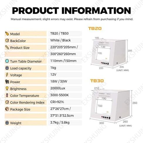 Dimmable LED Jewelry Photography Light Box with 360° Rotating Turntable, 3000-5500K, CRI>92%, 1kg Load Capacity, Includes Hanging Bracket for Stunning Product Photos in Saudi Arabia