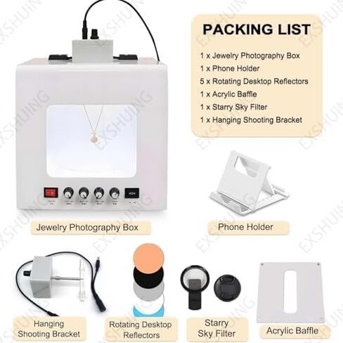 Dimmable LED Jewelry Photography Light Box with 360° Rotating Turntable, 3000-5500K, CRI>92%, 1kg Load Capacity, Includes Hanging Bracket for Stunning Product Photos in Saudi Arabia