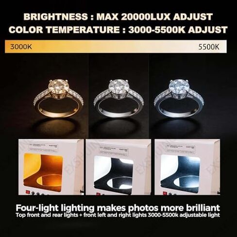 Dimmable LED Jewelry Photography Light Box with 360° Rotating Turntable, 3000-5500K, CRI>92%, 1kg Load Capacity, Includes Hanging Bracket for Stunning Product Photos in Saudi Arabia