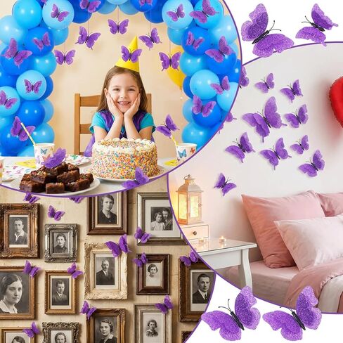 ديكور حائط فراشة ثلاثي الأبعاد - 24 قطعة من ملصقات الفراشة الأرجوانية زينة عيد الميلاد - فراشات وهمية 3 أحجام لتزيين الكيك وغرفة البنات وغرفة النوم والفصول الدراسية وتزيين الحفلات in Kuwait