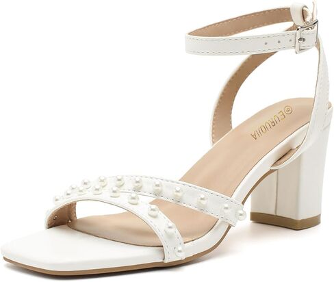 Women's Pearl Heeled Sandals, 2.5" Mid Block Chunky Heels with Ankle Strap, Square Open Toe Dress Shoes for Wedding Guest, Party, Prom in Saudi Arabia