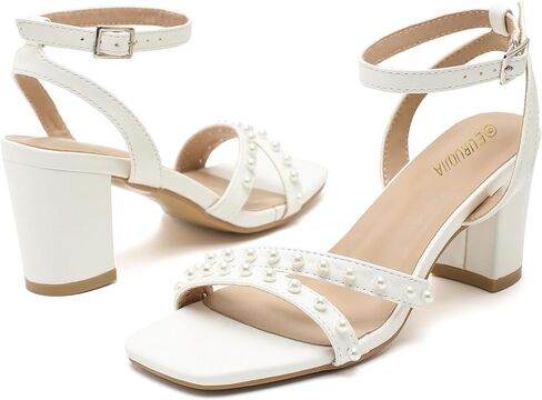Women's Pearl Heeled Sandals, 2.5" Mid Block Chunky Heels with Ankle Strap, Square Open Toe Dress Shoes for Wedding Guest, Party, Prom in Saudi Arabia