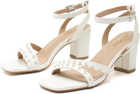 Women's Pearl Heeled Sandals, 2.5" Mid Block Chunky Heels with Ankle Strap, Square Open Toe Dress Shoes for Wedding Guest, Party, Prom in Saudi Arabia