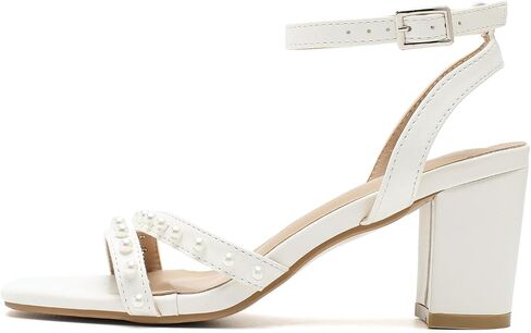Women's Pearl Heeled Sandals, 2.5" Mid Block Chunky Heels with Ankle Strap, Square Open Toe Dress Shoes for Wedding Guest, Party, Prom in Saudi Arabia