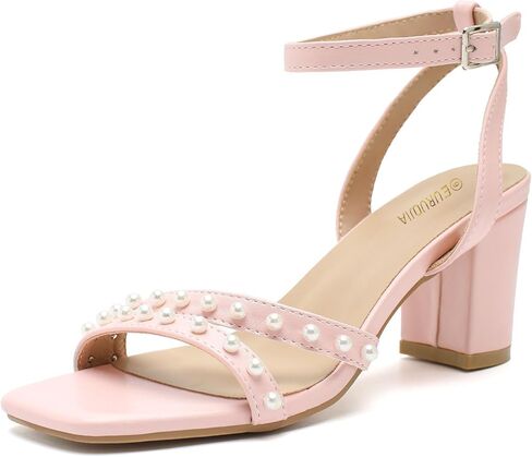 Women's Pearl Heeled Sandals, 2.5" Mid Block Chunky Heels with Ankle Strap, Square Open Toe Dress Shoes for Wedding Guest, Party, Prom in Saudi Arabia