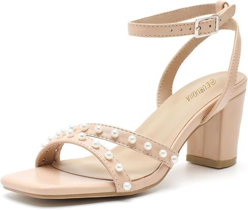 Women's Pearl Heeled Sandals, 2.5" Mid Block Chunky Heels with Ankle Strap, Square Open Toe Dress Shoes for Wedding Guest, Party, Prom in Saudi Arabia