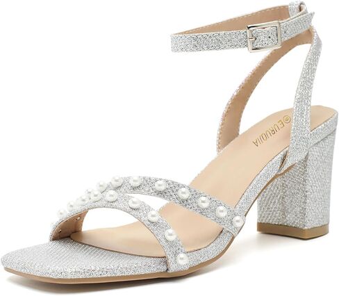 Women's Pearl Heeled Sandals, 2.5" Mid Block Chunky Heels with Ankle Strap, Square Open Toe Dress Shoes for Wedding Guest, Party, Prom in Saudi Arabia