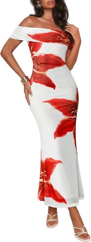 MEROKEETY Women's Spring Off Shoulder Floral Maxi Dress 2026 Summer Formal Beach Wedding Guest Cocktail Bodycon Dresses in Saudi Arabia